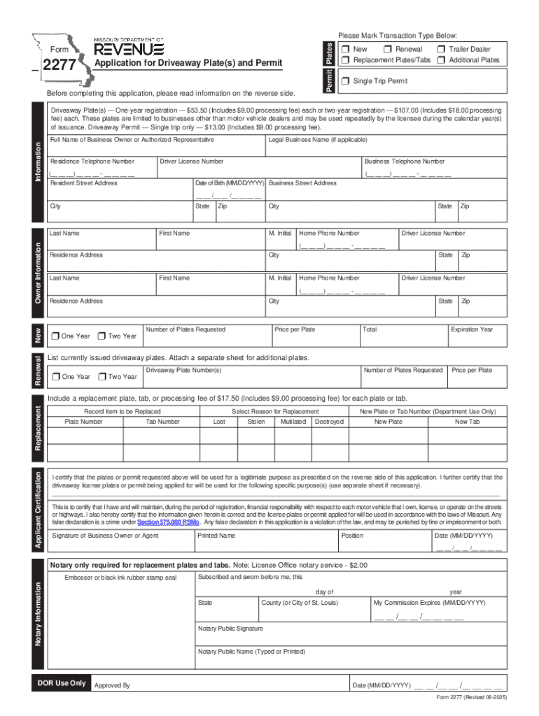 Form 2277 Application for Driveaway Plates and Permit