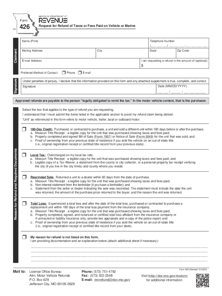 Request for Refund of Taxes or Fees Paid on Vehicle or Marine 426  Form