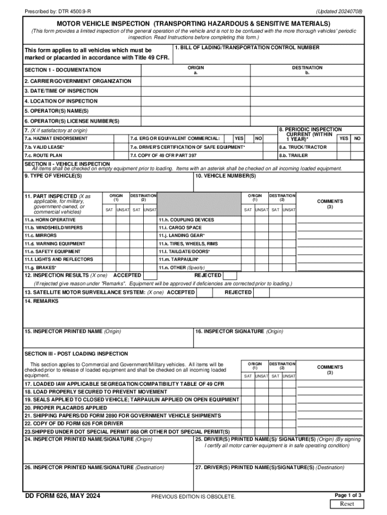 DD Form 626, MOTOR VEHICLE INSPECTION TRANSPORTING HAZARDOUS &amp; SENSITIVE MATERIALS