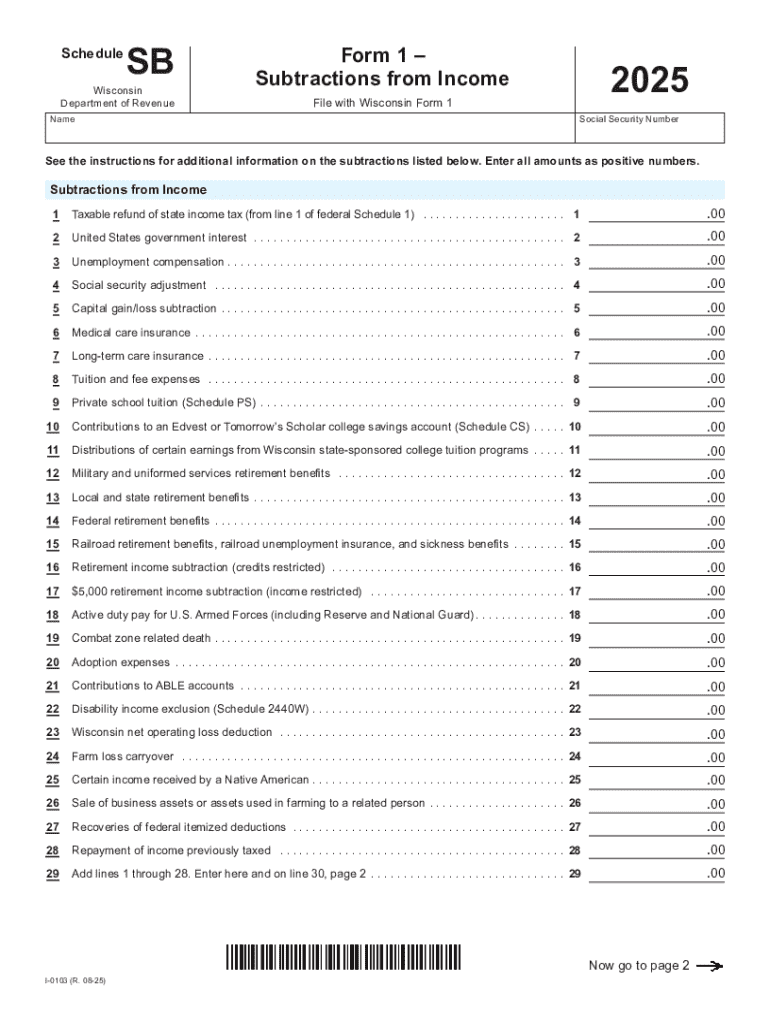 I 0101 Schedule SB, Form 1 Subtractions from Income