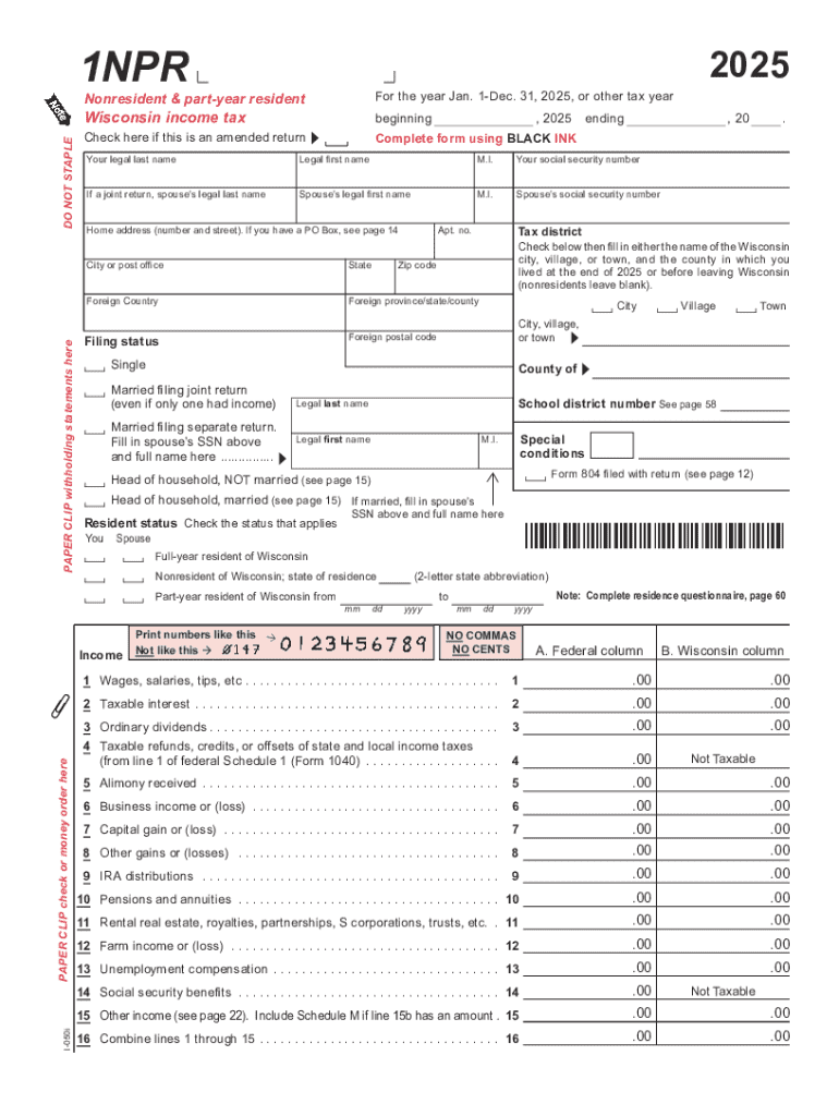 I 050 Form 1NPR Nonresident &amp;amp; Part Year Resident Wisconsin Income Tax
