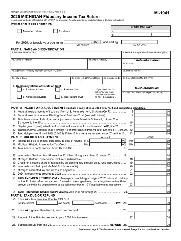 MI 1041, Michigan Fiduciary Income Tax Return  Form