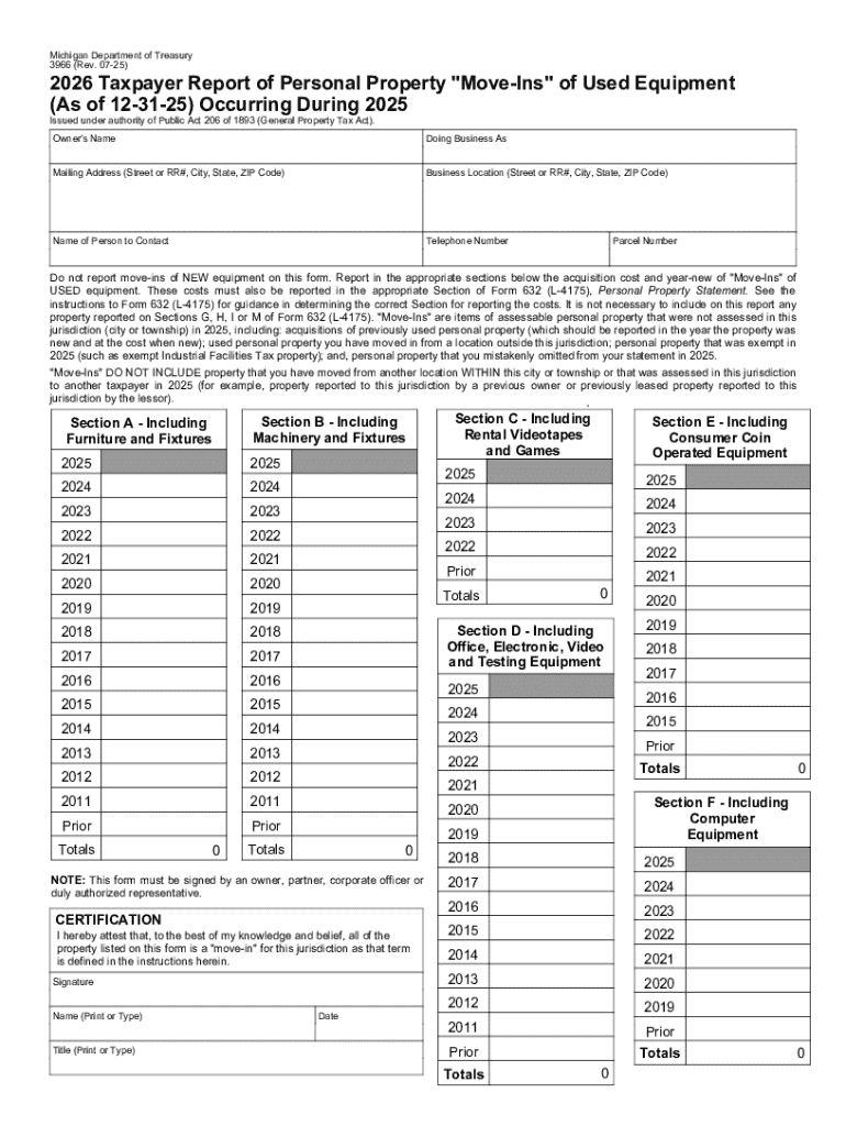 3966, Taxpayer Report of Personal Property &amp;quot;Move Ins&amp;quot; of Used Equipment Occurring during  Form