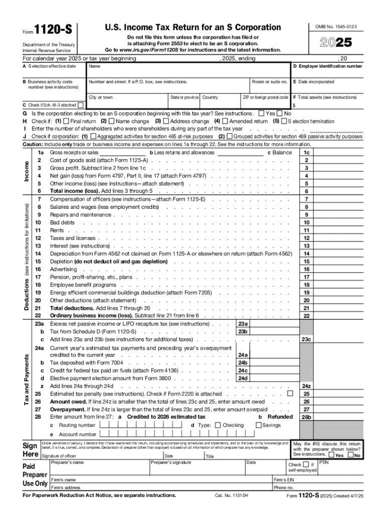  Form 1120 S 2025-2026