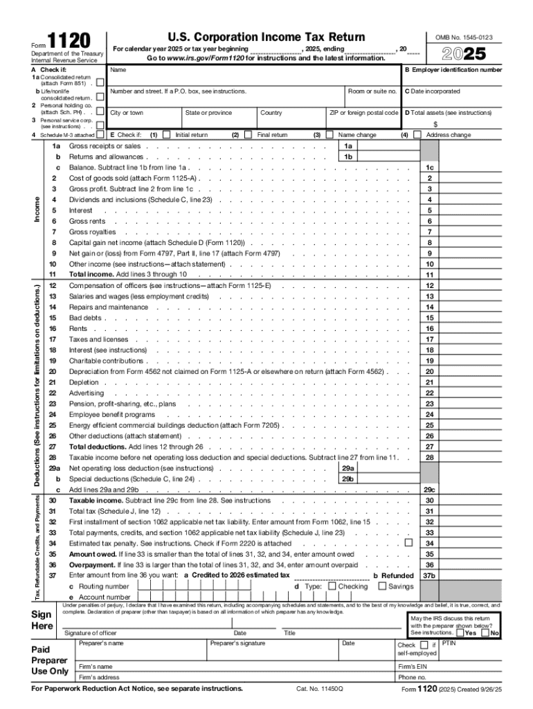  Form 1120 U S Corporation Income Tax Return 2025-2026