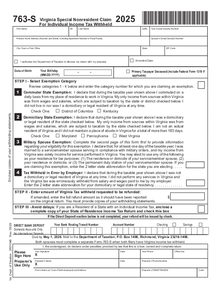 Form 763 S, Virginia Special Nonresident Claim for Individual Income Tax Withheld