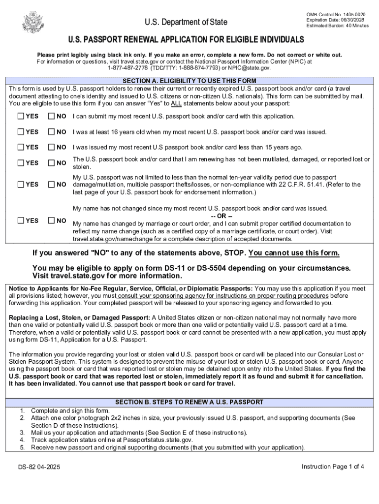 Form DS 82, U S Passport Renewal Application