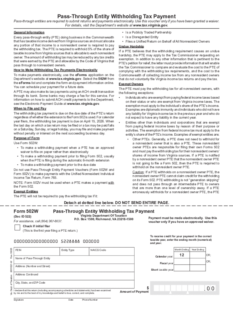 Form 502W Pass through Entity Withholding Tax Payment