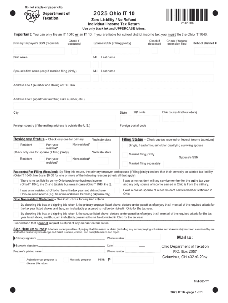 Ohio Tax Department Releases Revised Form it 10, Zero
