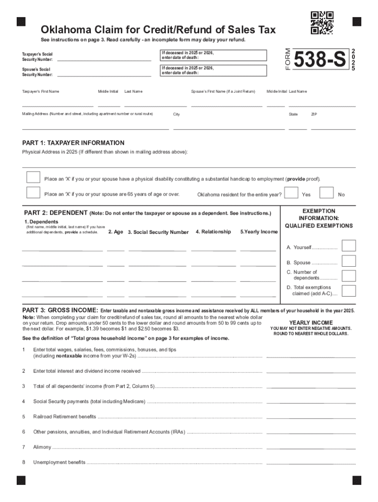 Form 538 S Claim for Credit Refund of Sales Tax