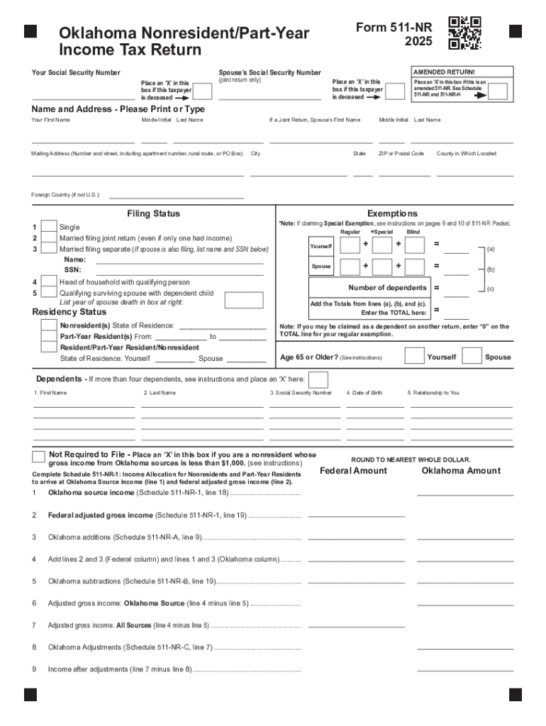 Form 511 NR Oklahoma Individual Income Form for Nonresidents and Part Year Residents Packet &amp; Instructions