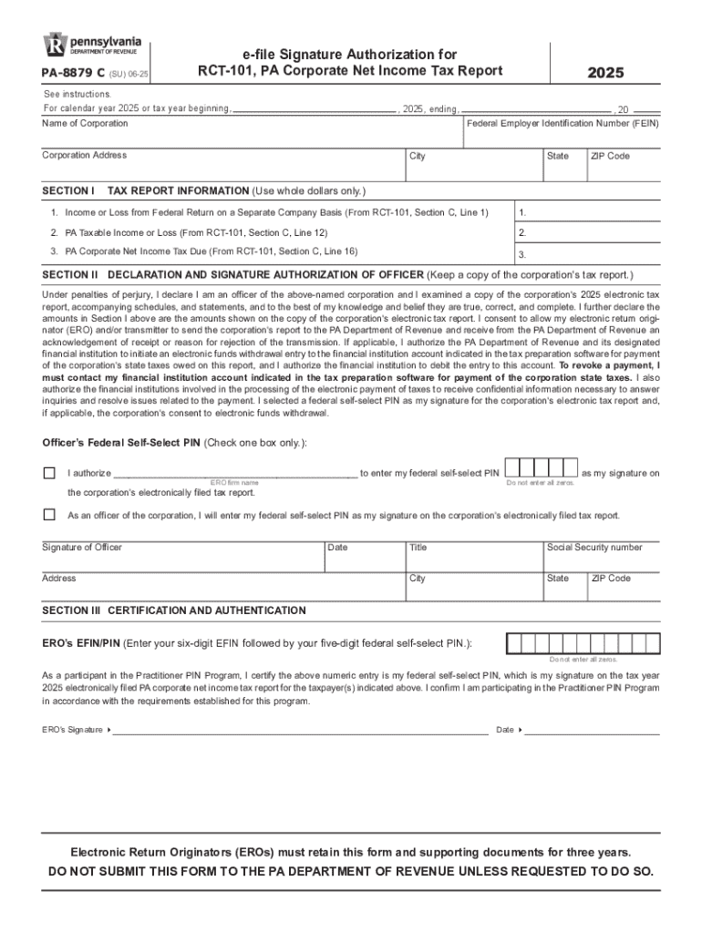 PA 8879 C E File Signature Authorization for PA Corporate Net Income Tax Report  Form
