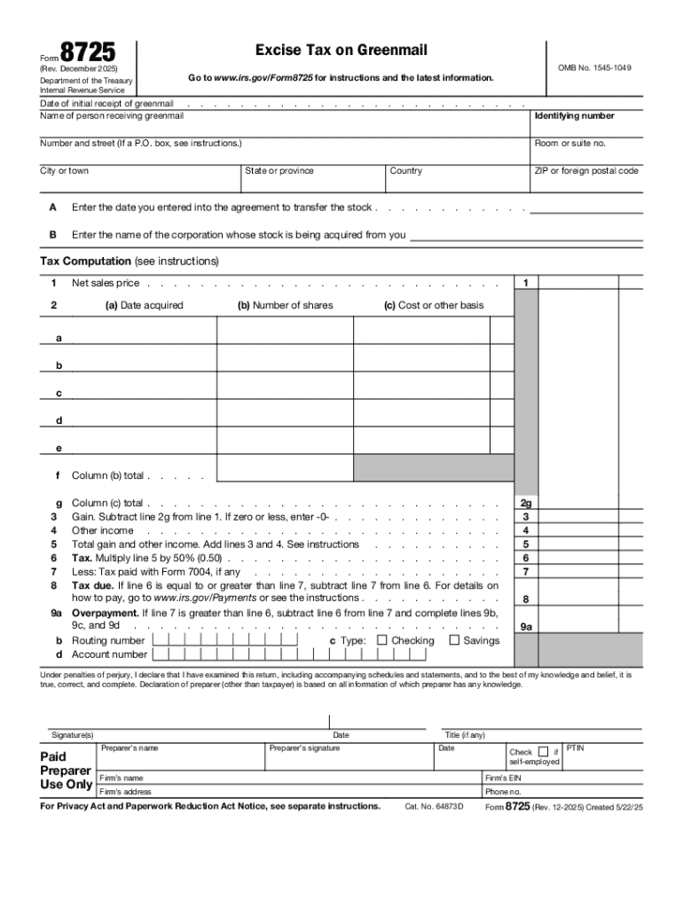 Form 8725 Rev December Excise Tax on Greenmail