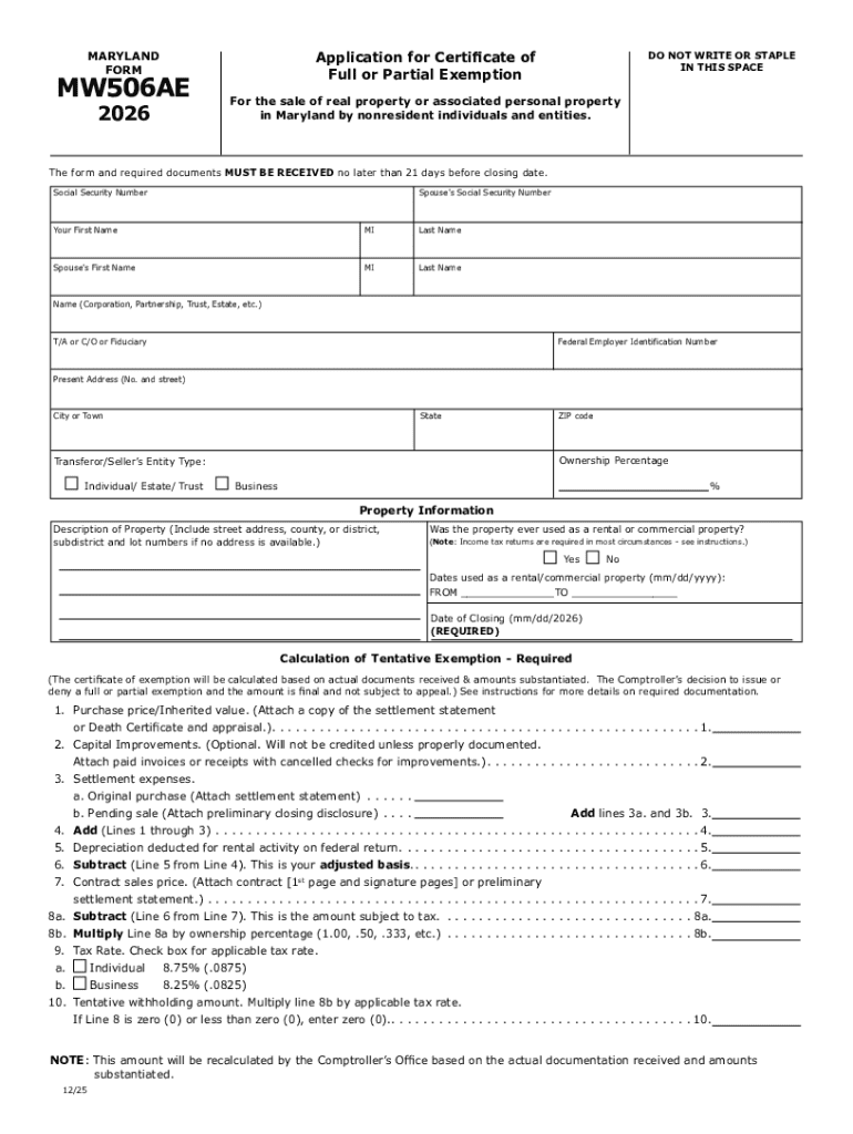Maryland Form MW506AE Application for Certificate of Full or Partial Exemption for the Sale of Real Property or Associated Perso