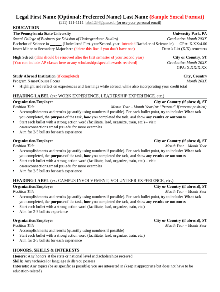 Penn State Smeal Resume Template  Form