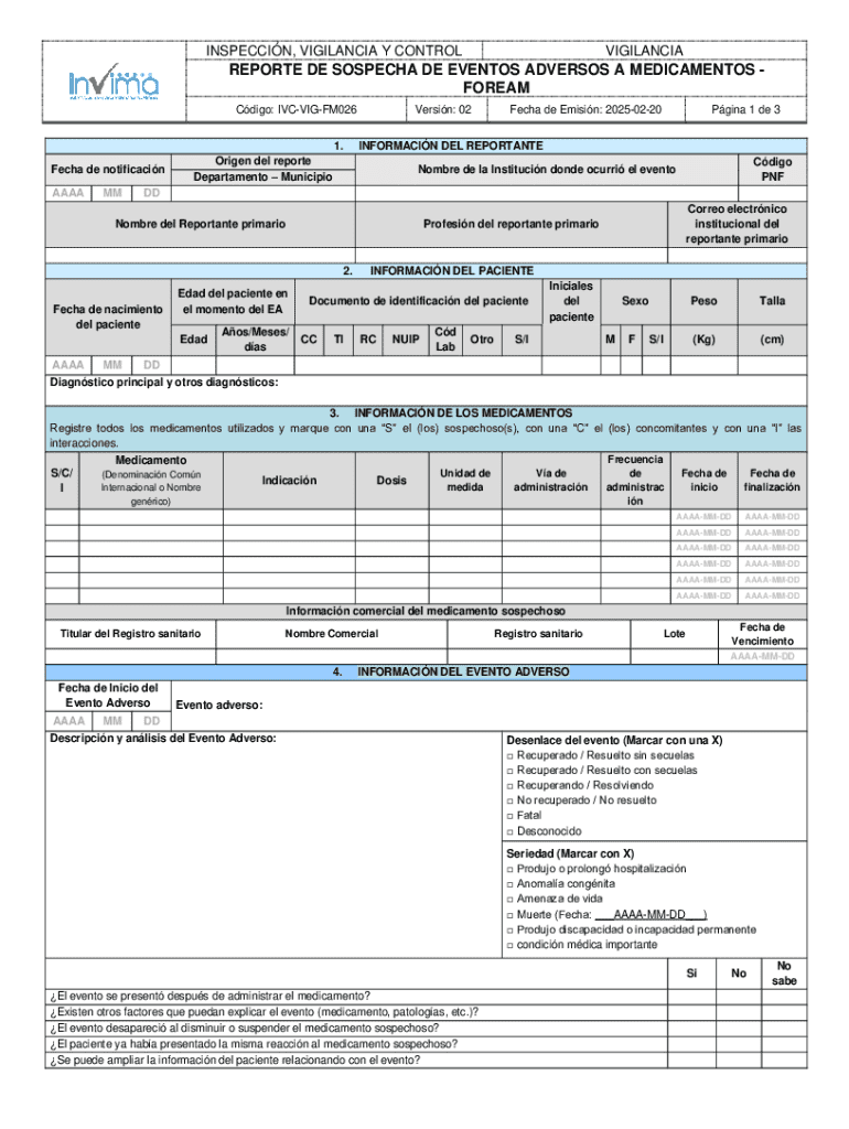 Colombia Adverse Drug Event Report Form