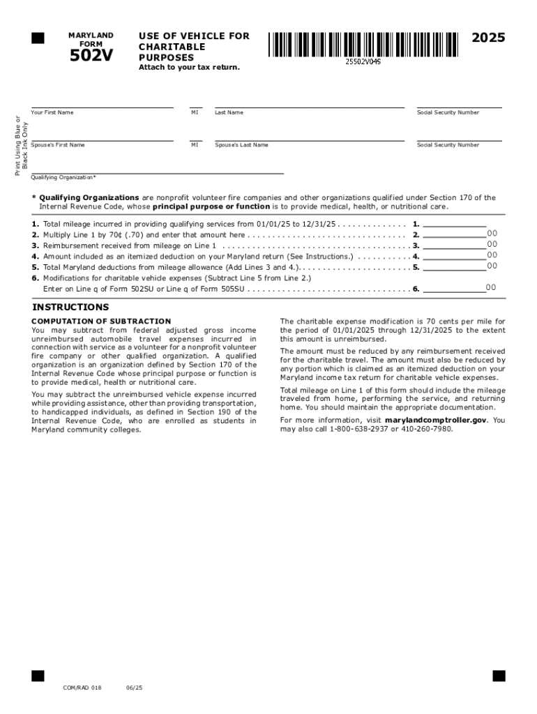 Maryland Form 502V Use of Vehicle for Charitable Purposes Tax Year Form 502V Attach to Your Tax Return