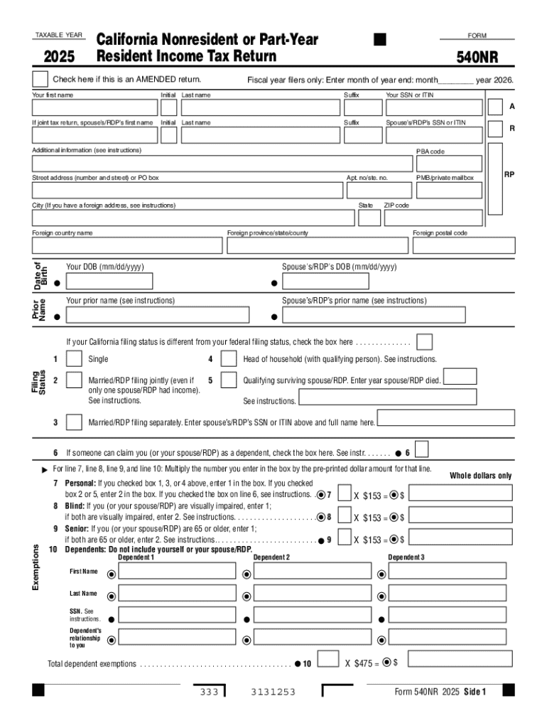 California Nonresident or Part Year 540NR Tax Return  Form