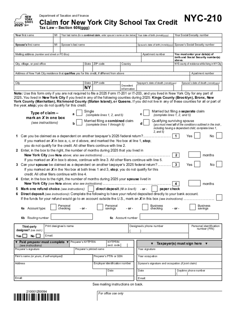 Form NYC 210 Claim for New York City School Tax Credit Tax Year