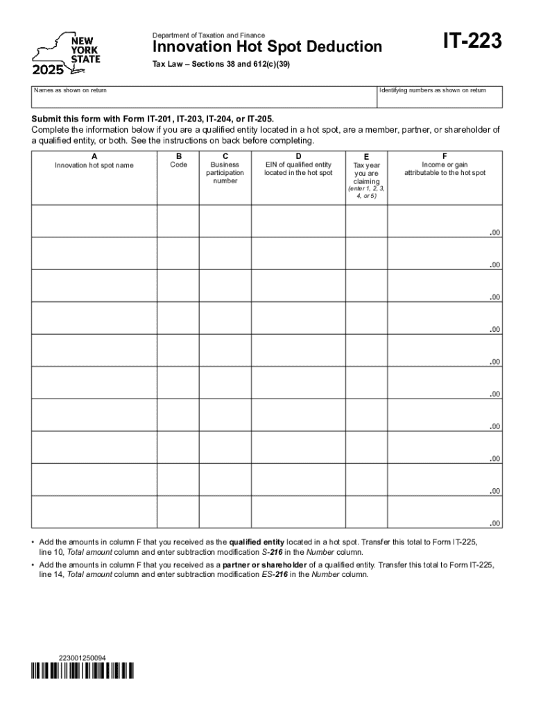 New York Innovation Hot Spot Deduction Form it 223