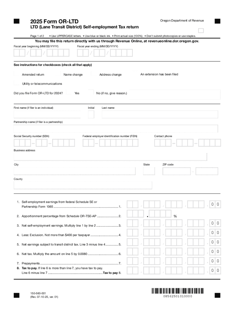 Form or LTD Oregon Self Employment Tax Return