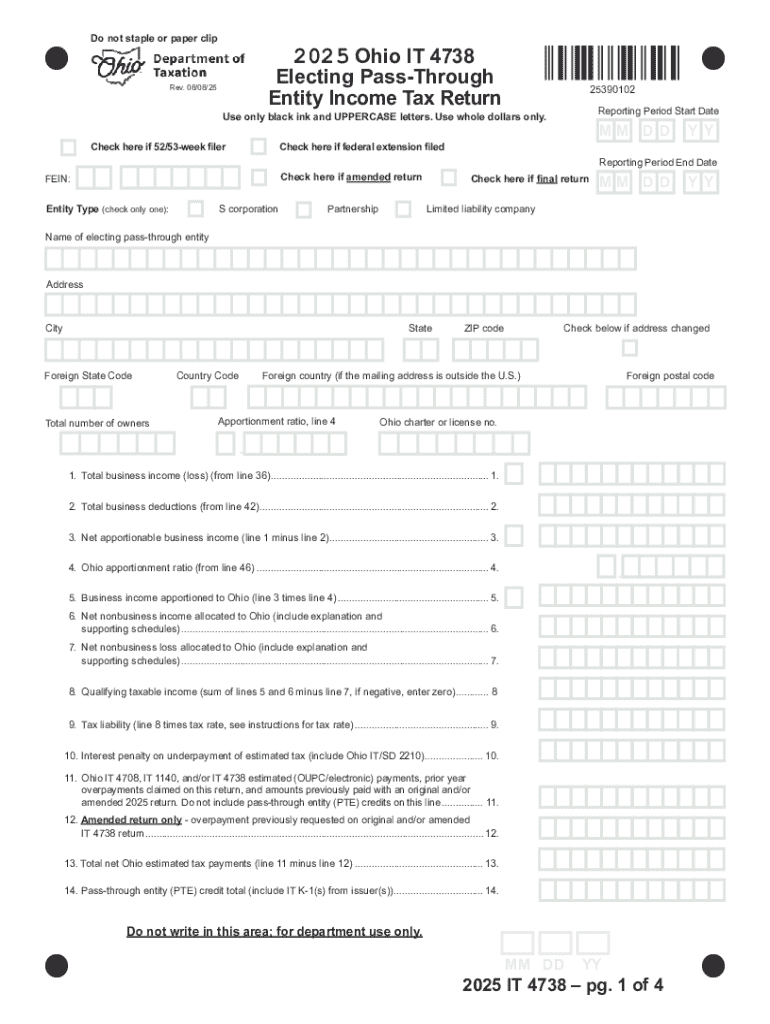 Ohio it 4738 Electing Pass through Entity Income Tax Return  Form