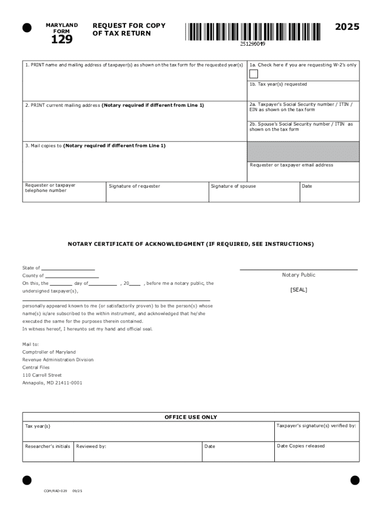 Request for Copy of Tax Return MD Form 129