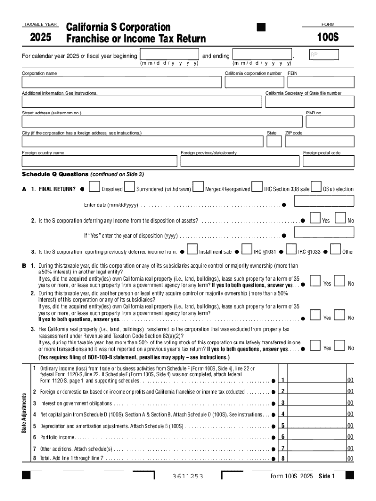 California S Corporation Franchise or Income Tax Return 100S  Form