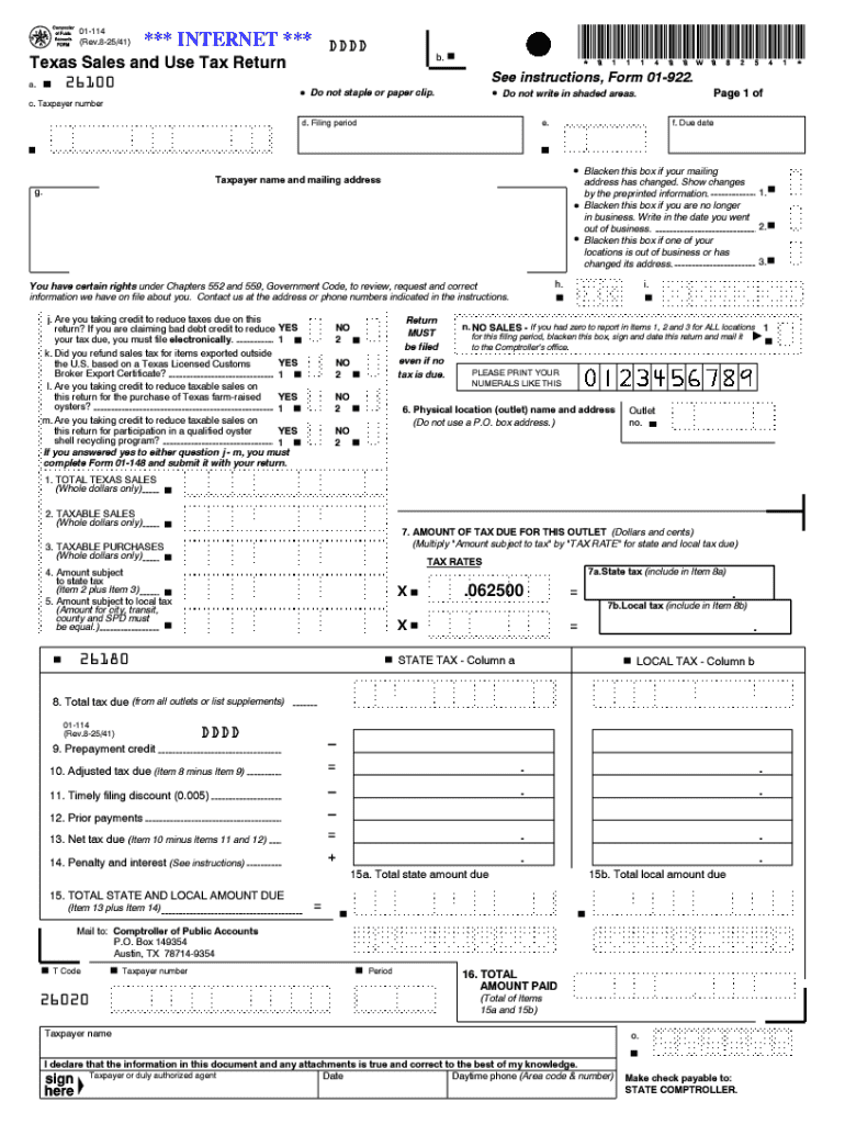 Form 01 114, Sales and Use Tax Return Long Form