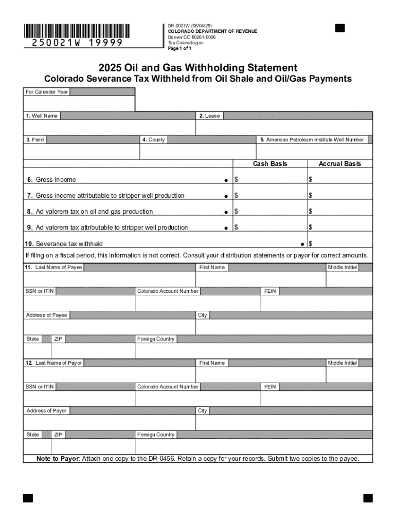Colorado DR 0021W Oil and Gas Withholding Statement  Form