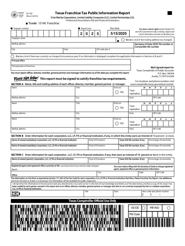 Form 05 102, Texas Franchise Tax Public Information Report Form 05 102, Texas Franchise Tax Public Information Report