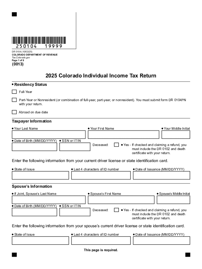 DR 0104, Colorado Individual Income Tax Return  Form