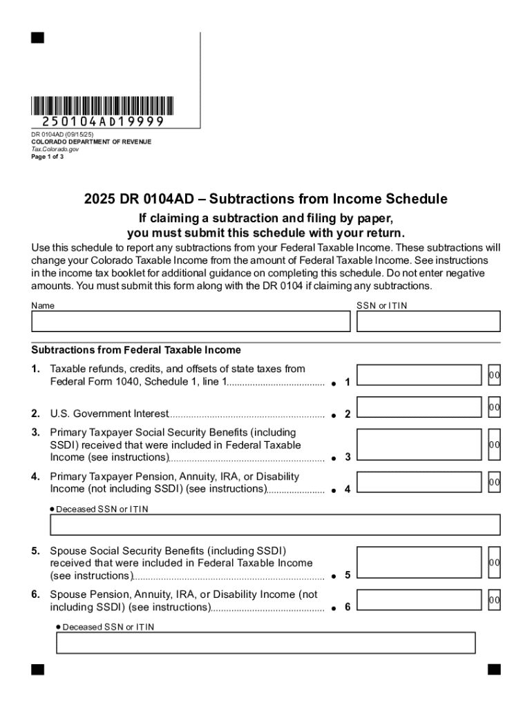 Colorado DR 0104AD Subtractions Form