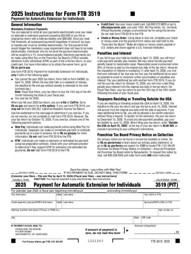 California Personal Tax Extension Form FTB 3519