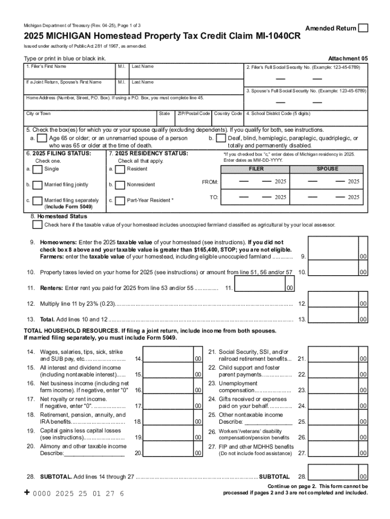 Amended Form 1040 CR Homestead Property Tax Credit