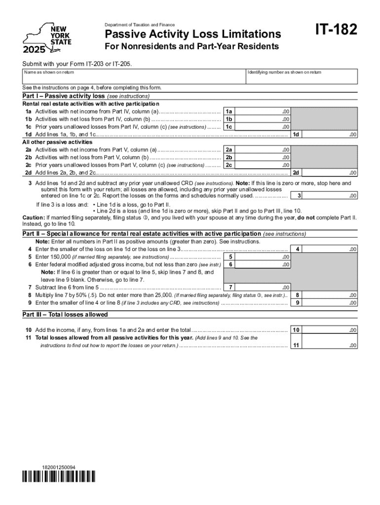 New York Passive Activity Loss Form it 182