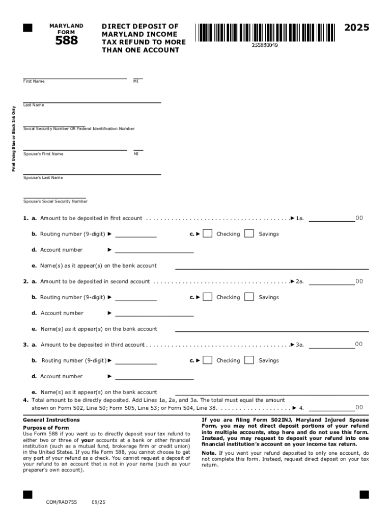 Maryland Form 588 Direct Deposit of Maryland Income Tax Refund to More Than One Account