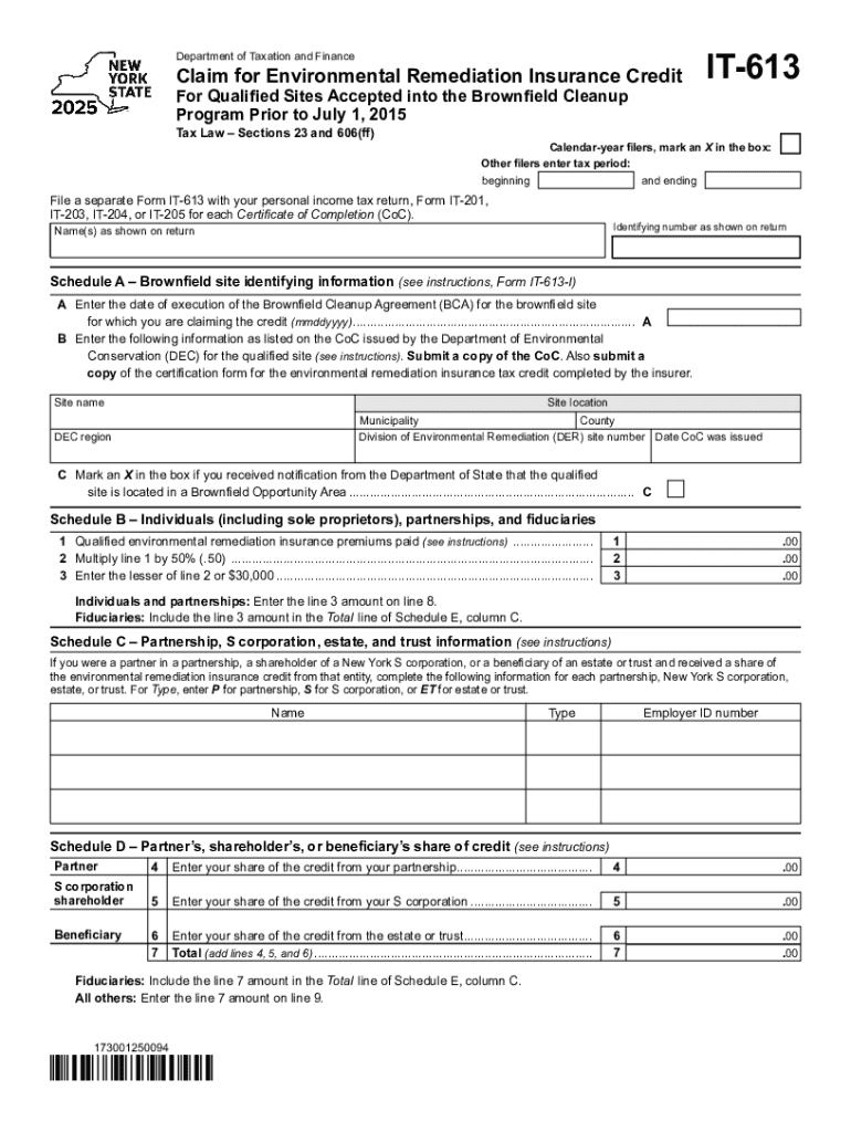 Form it 613 Claim for Environmental Remediation Insurance Credit Tax Year