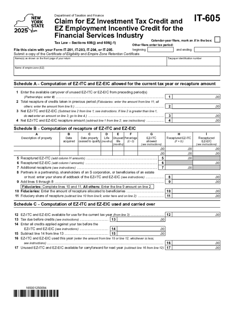 New York EZ Investment Tax Credit Claim Form it 605