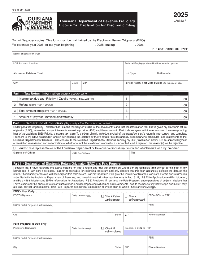 R 8453F Louisiana Department of Revenue Fiduciary Income Tax Declaration for Electronic Filing  Form