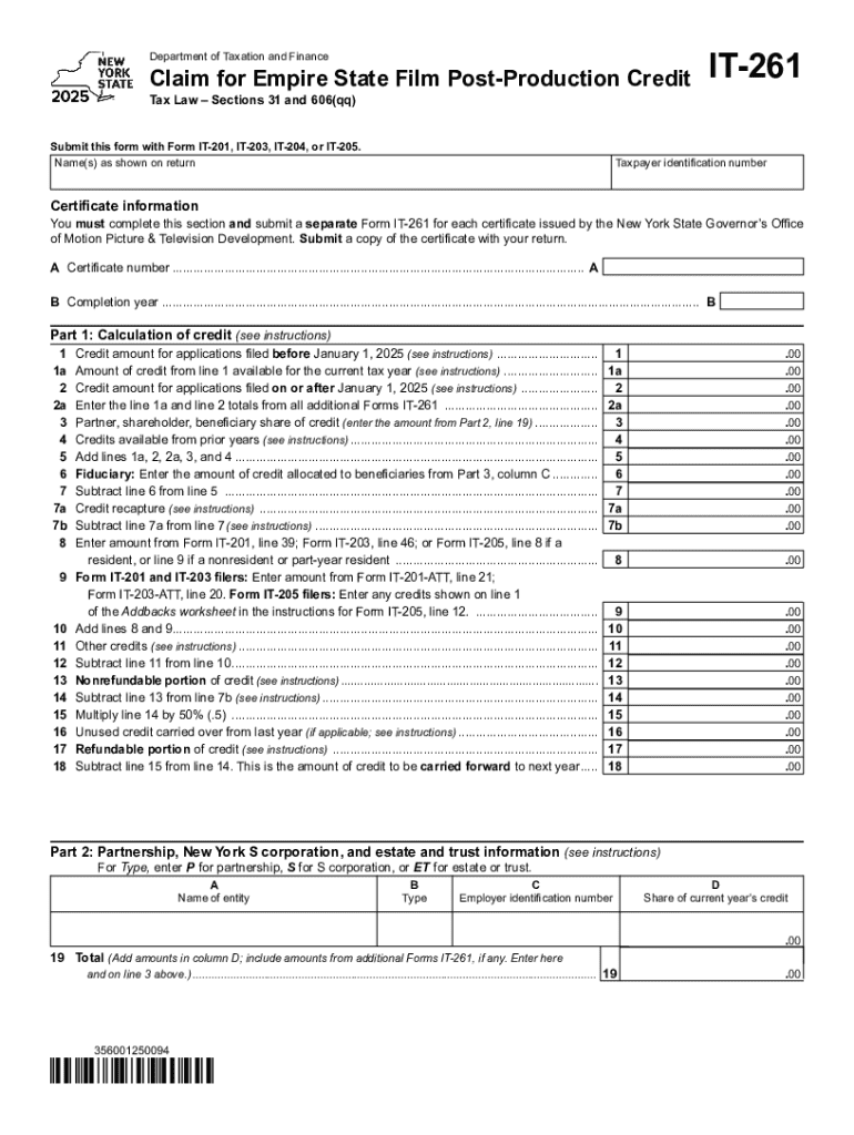 Form it 261 Claim for Empire State Film Post Production Credit Tax Year