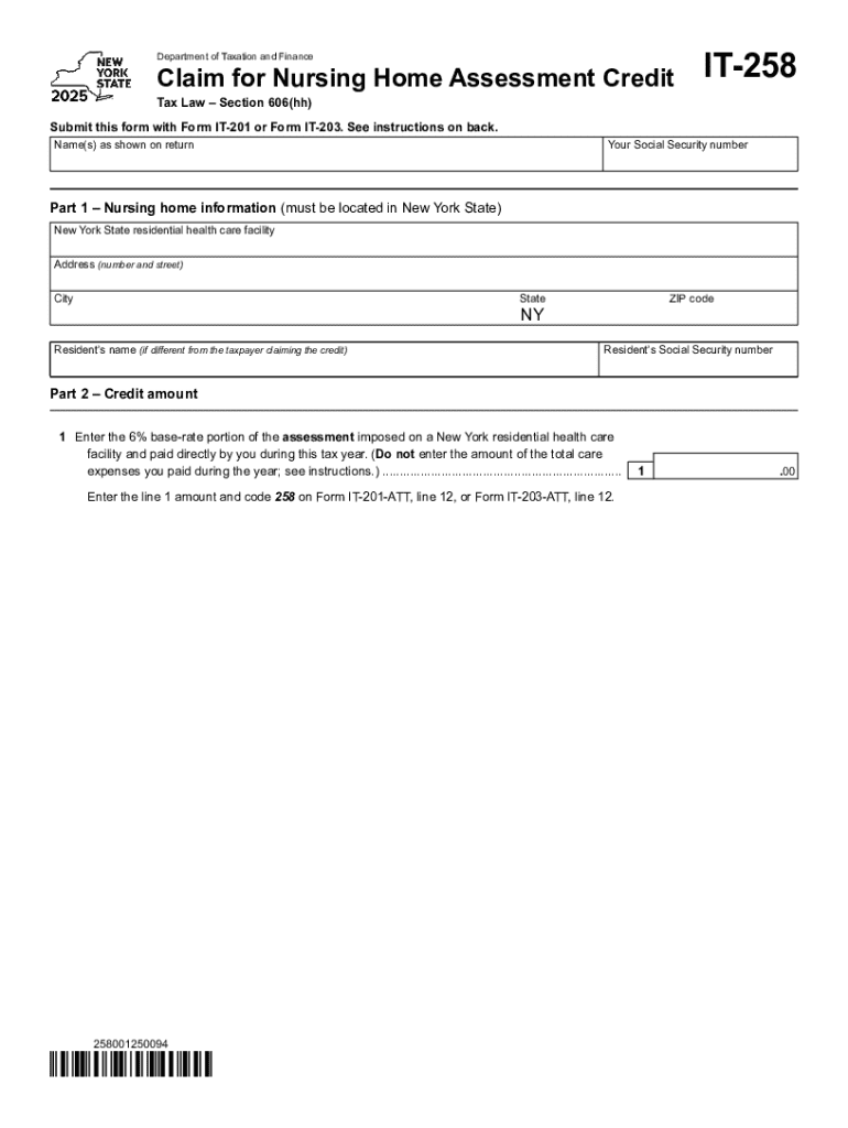 Claim for Nursing Home Assessment Credit, It258 Tax NY Gov  Form