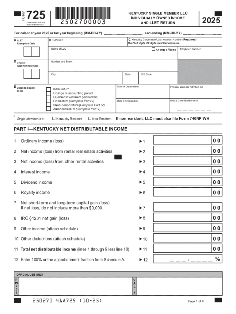 Kentucky Single Member LLC LLET Return  Form