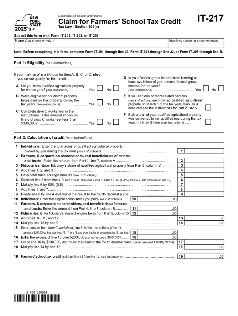 Form it 217 Fillable Claim for Farmers&amp;#039; School Tax Credit