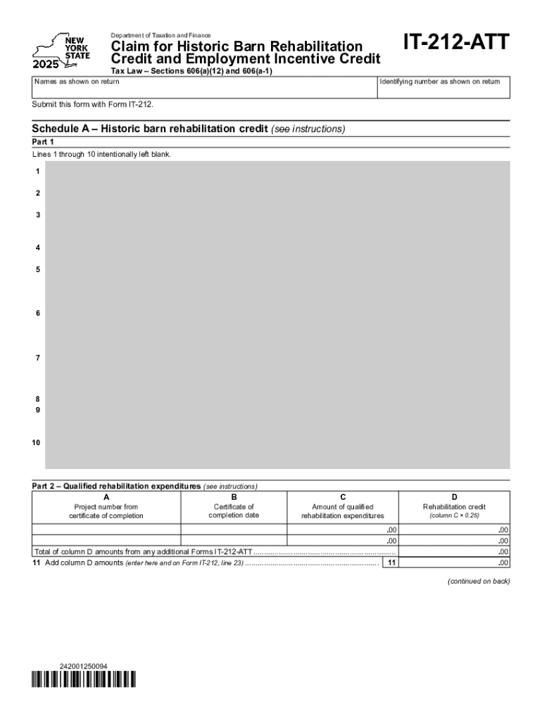 Form it 212 ATT Claim for Historic Barn Rehabilitation Credit and Employment Incentive Credit Tax Year