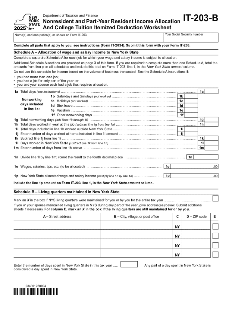 Form it 203 B Nonresident and Part Year Resident Income Allocation and College Tuition Itemized Deduction Worksheet Tax Year