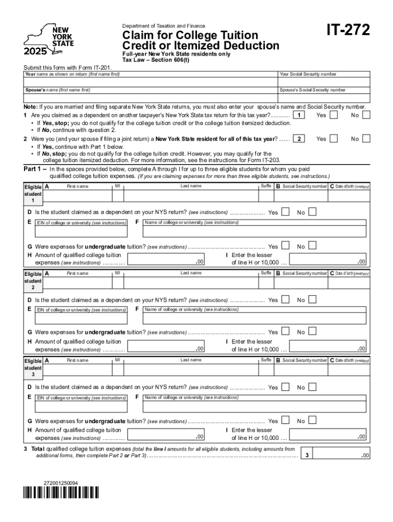 Form it 272 Claim for College Tuition Credit or Itemized Deduction Tax Year