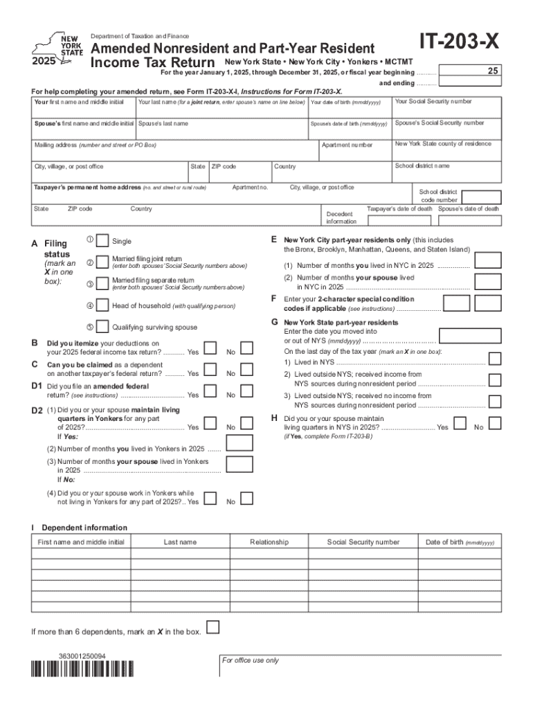 Form it 203 X Amended Nonresident and Part Year Resident Income Tax Return Tax Year