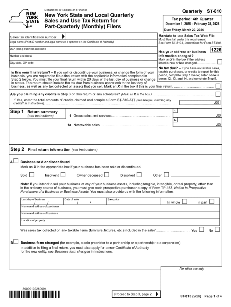 Form ST 810 New York State and Local Quarterly Sales and Use Tax Return for Part Quarterly Filers Revised 226