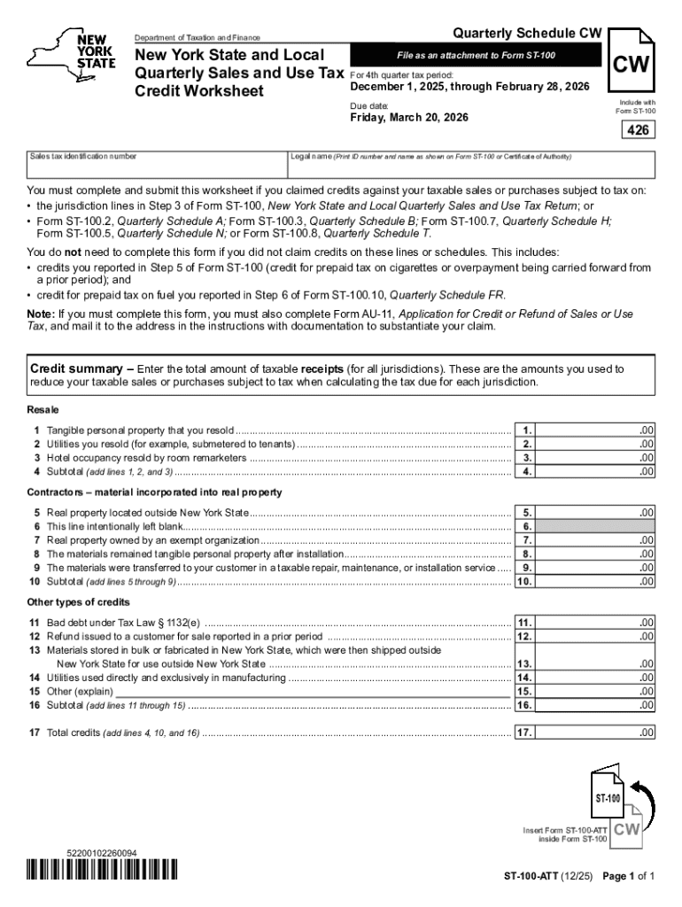 Form ST 100 ATT New York State and Local Quarterly Sales and Use Tax Credit Worksheet Revised 1225
